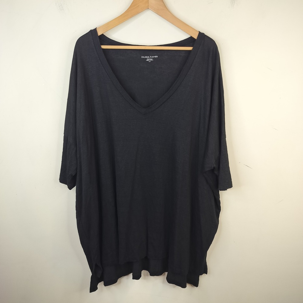 Eileen Fisher Organic Linen Jersey V Neck Top 1X Relaxed Minimalist Black Knit